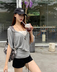 Regular-Shoulder Lace Patchwork Batwing Waist Tee
