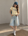 Light-Wash Wide-Leg Denim Bermuda Shorts