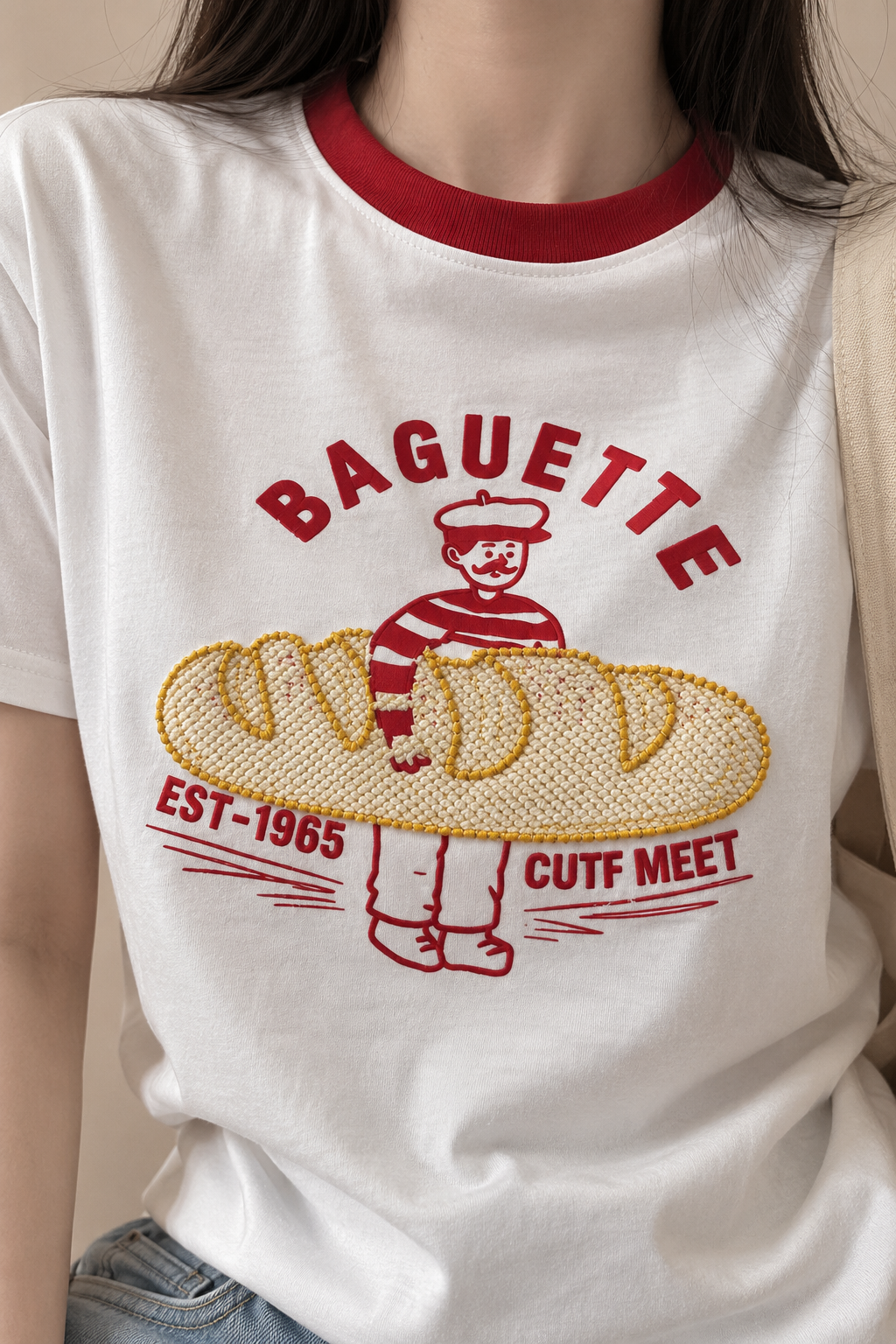 Korean-Style 3D Bread Embroidery Cotton Tee
