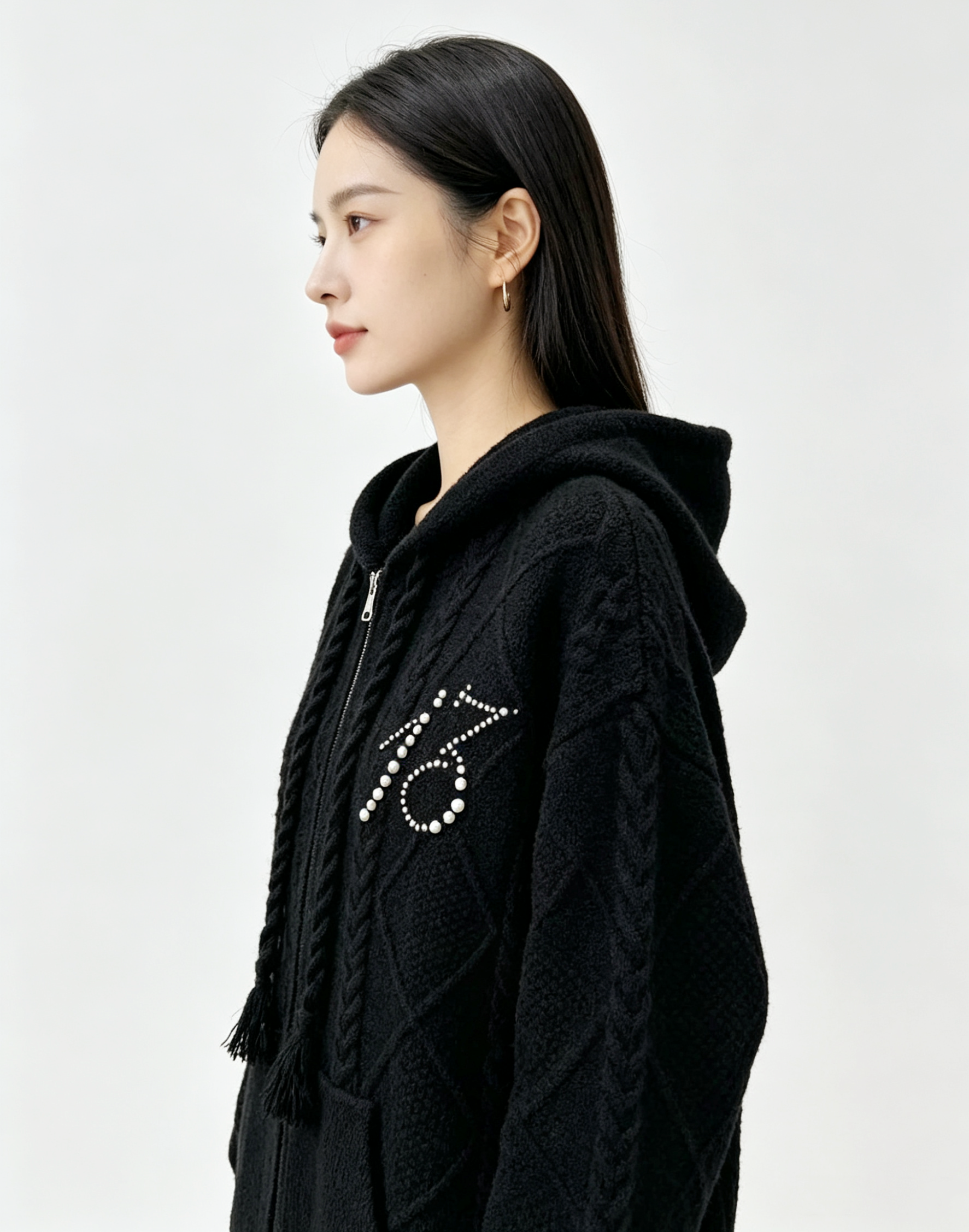 Pearl Embroidered Hooded Cardigan