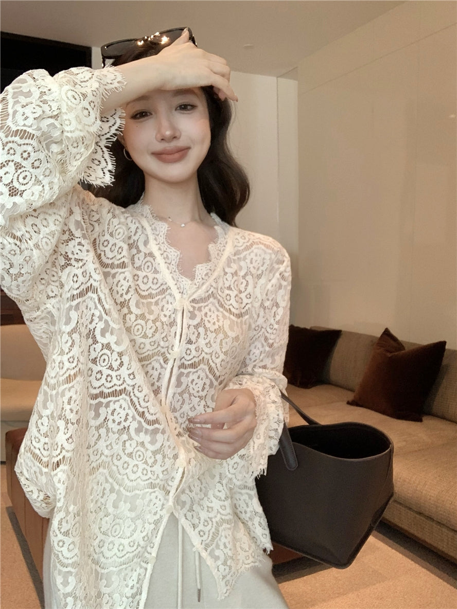 Embroidered Lace Hollow-Out Flare Sleeve Sunscreen Top