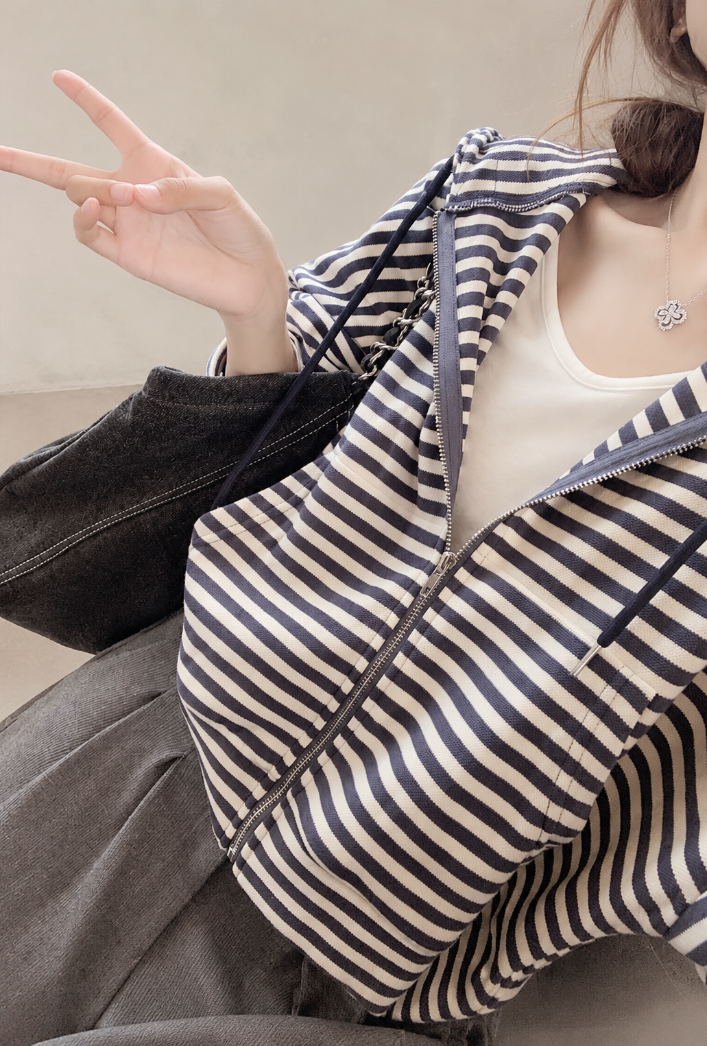 Korean-Inspired Blue Striped Hooded Zip-Up