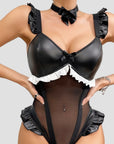PU Patchwork Mesh Ruffled Bodysuit Lingerie