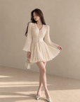 Apricot Pleated Flare-Sleeve Dress