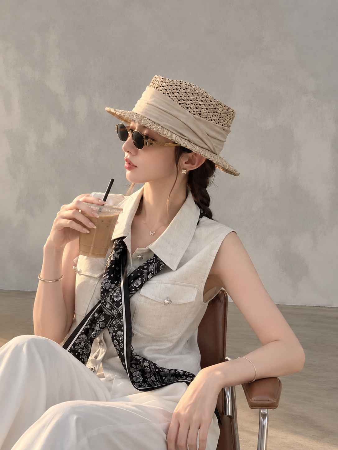 Chic polo-style tweed vest with a matching scarf.