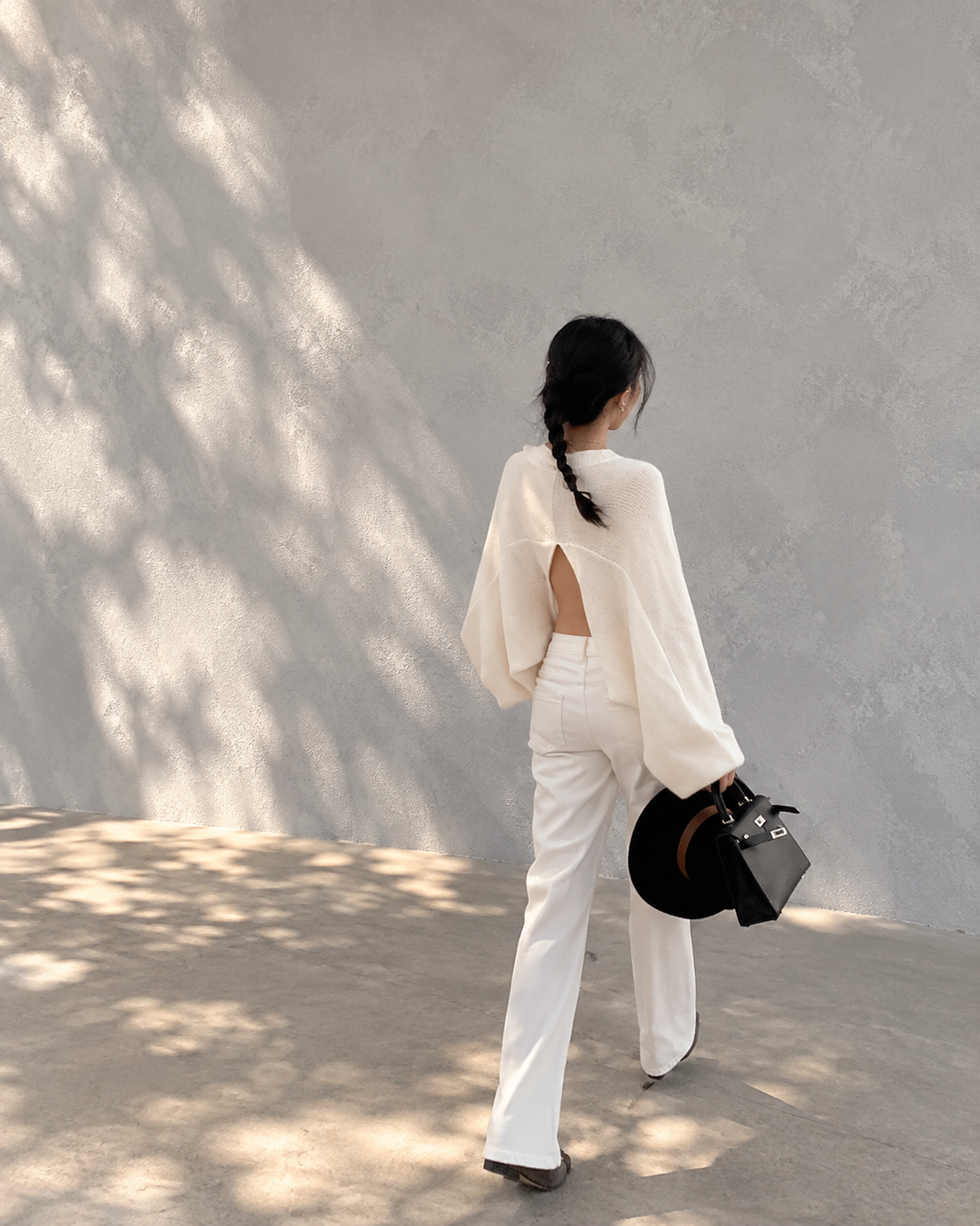 Back-Slit Relaxed Patchwork Batwing Sleeve Knit Top