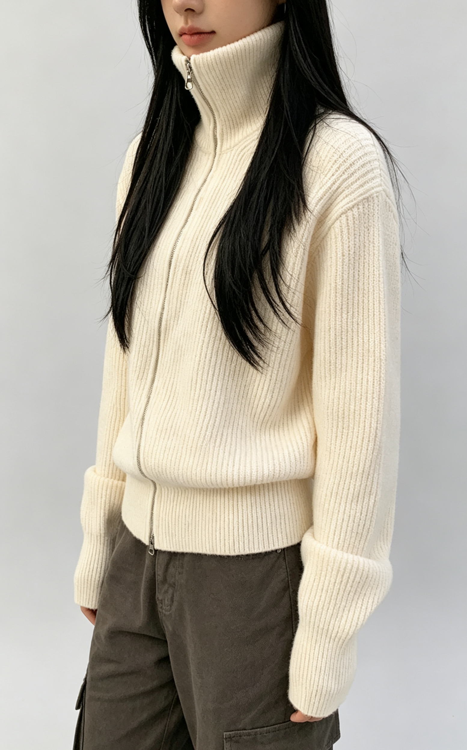 Double-Zip High Neck Thick Knit Cardigan