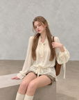 White Moonlight Ribbon Chiffon V-Neck Blouse
