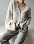 French-Style Sequin V-Neck Gray Knit Cardigan