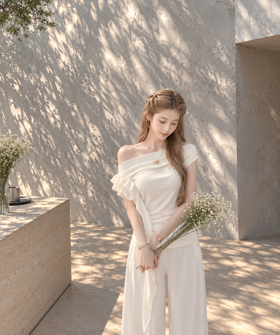 Asymmetric off-shoulder ruffle-drape top