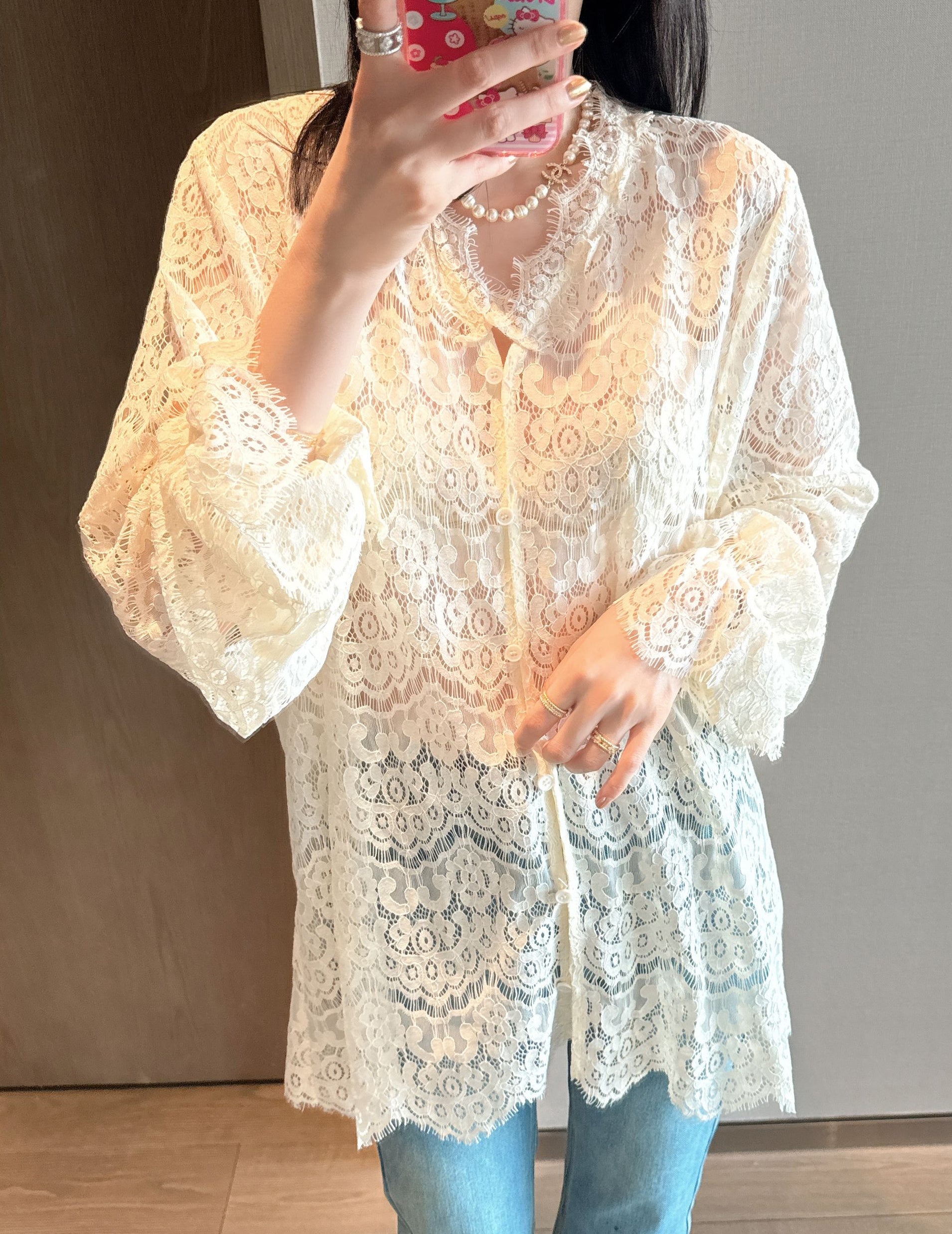 Embroidered Lace Hollow-Out Flare Sleeve Sunscreen Top