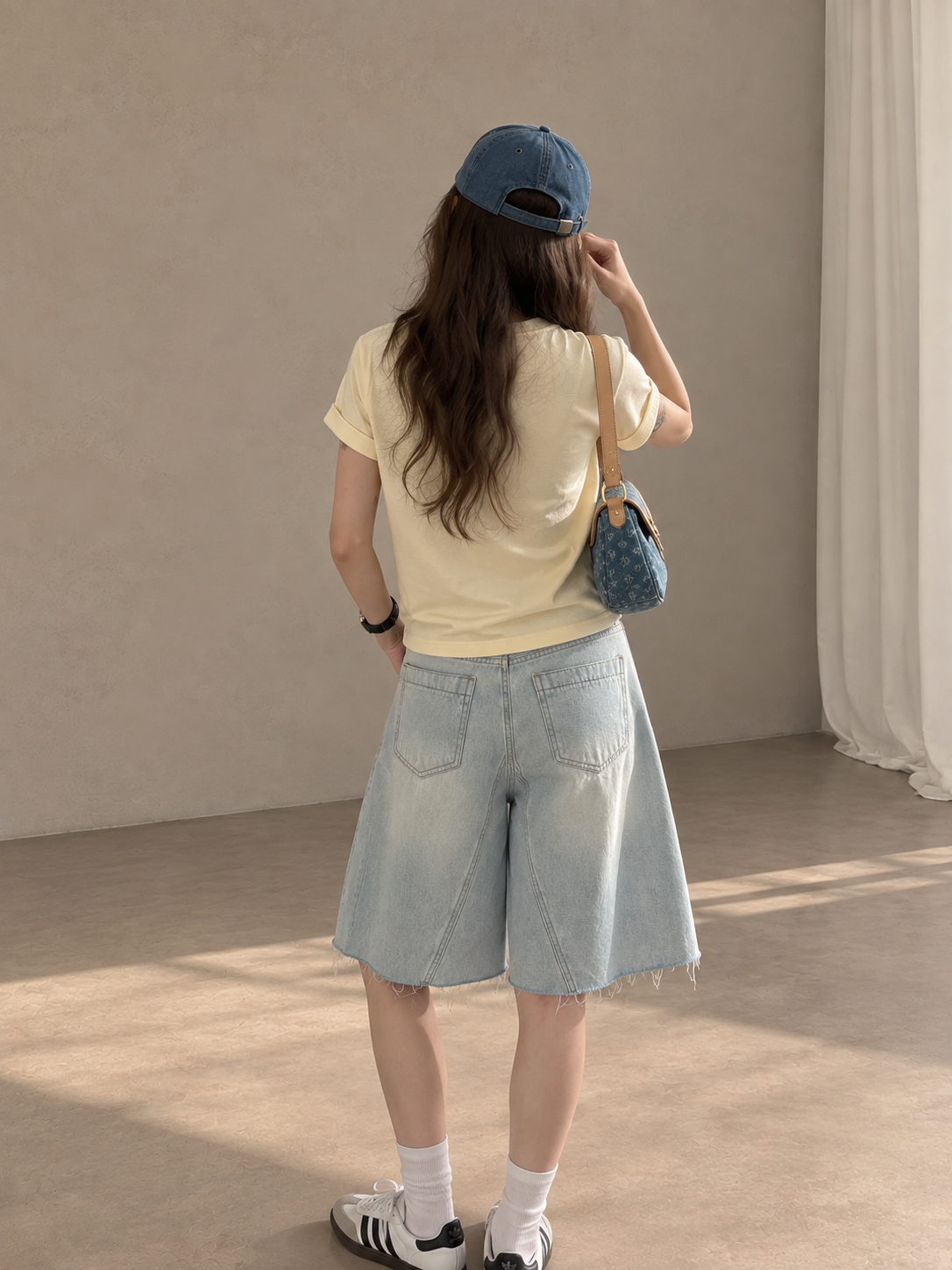 Light-Wash Wide-Leg Denim Bermuda Shorts