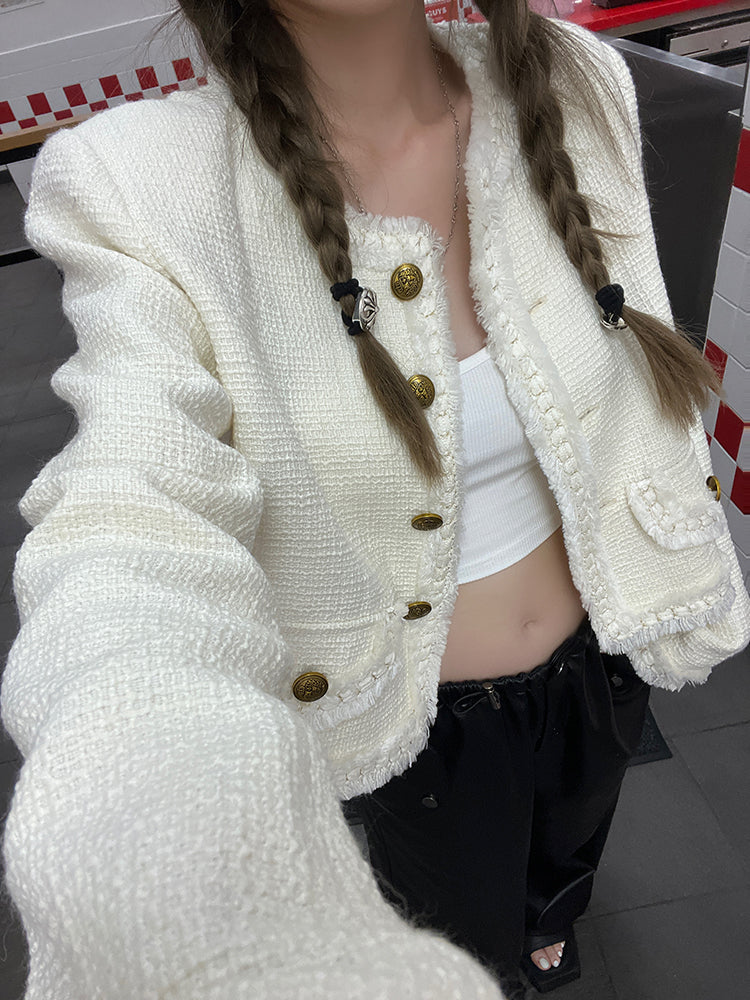 Golden Wool-Blend Tweed Short Jacket with Pearl Detailing