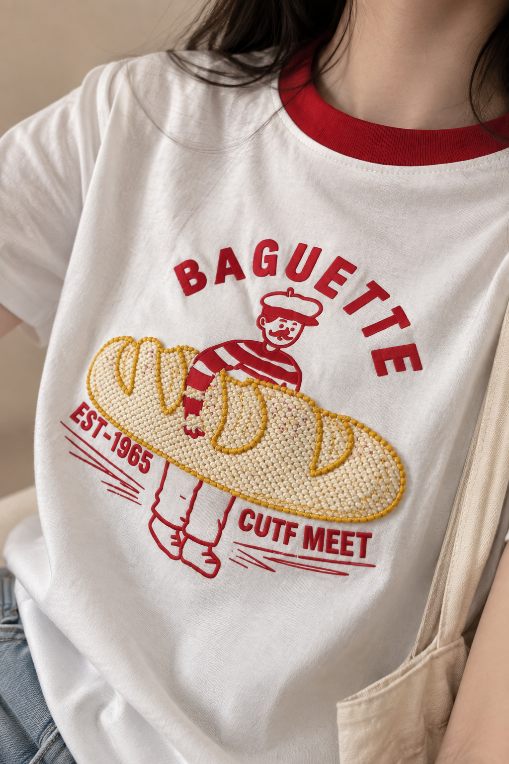 Korean-Style 3D Bread Embroidery Cotton Tee