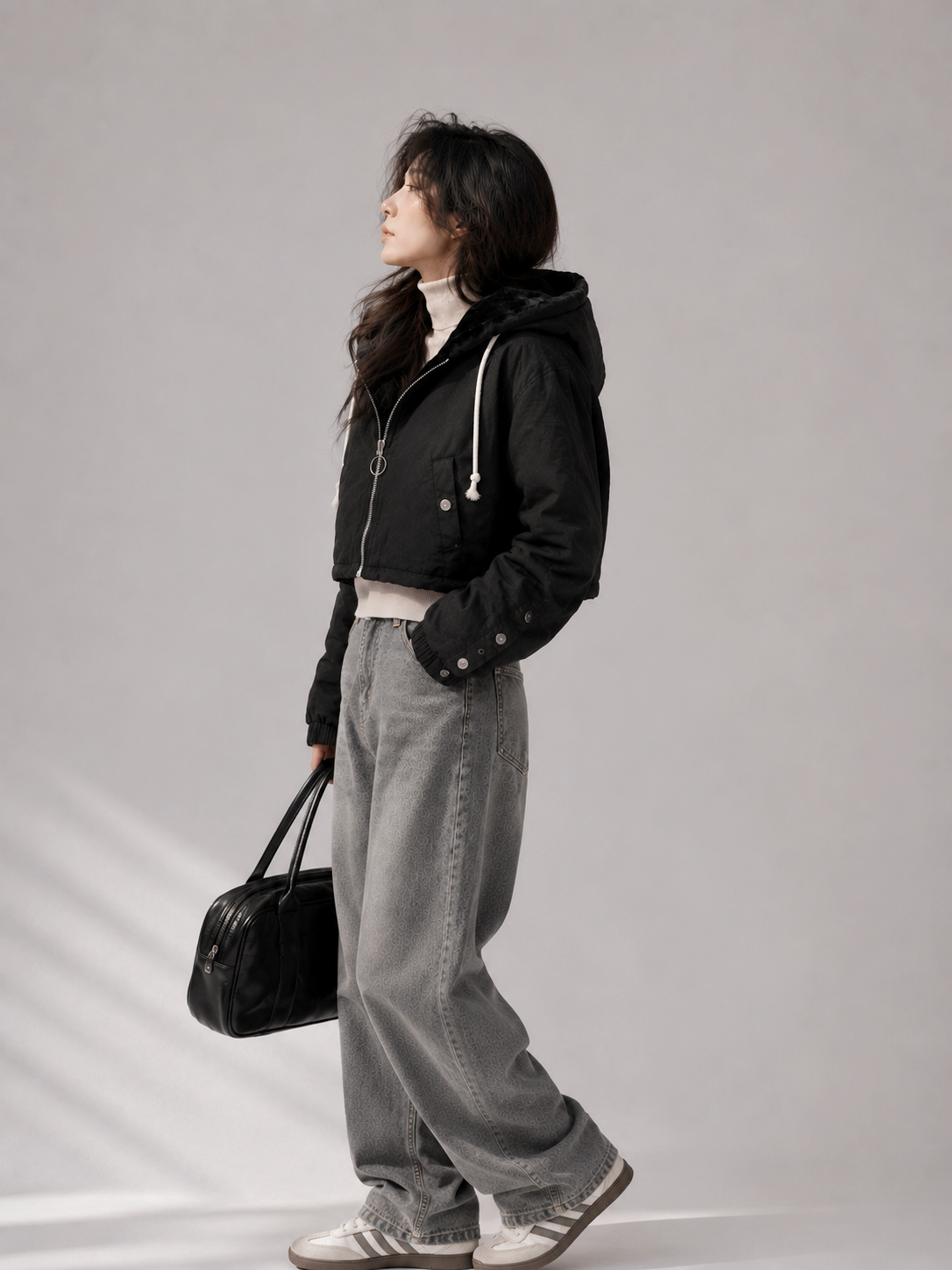 Short Plush Mink-Lined Cropped Hoodie Jacket