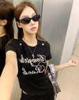 Black Structured Shoulder Beaded Cotton Tee