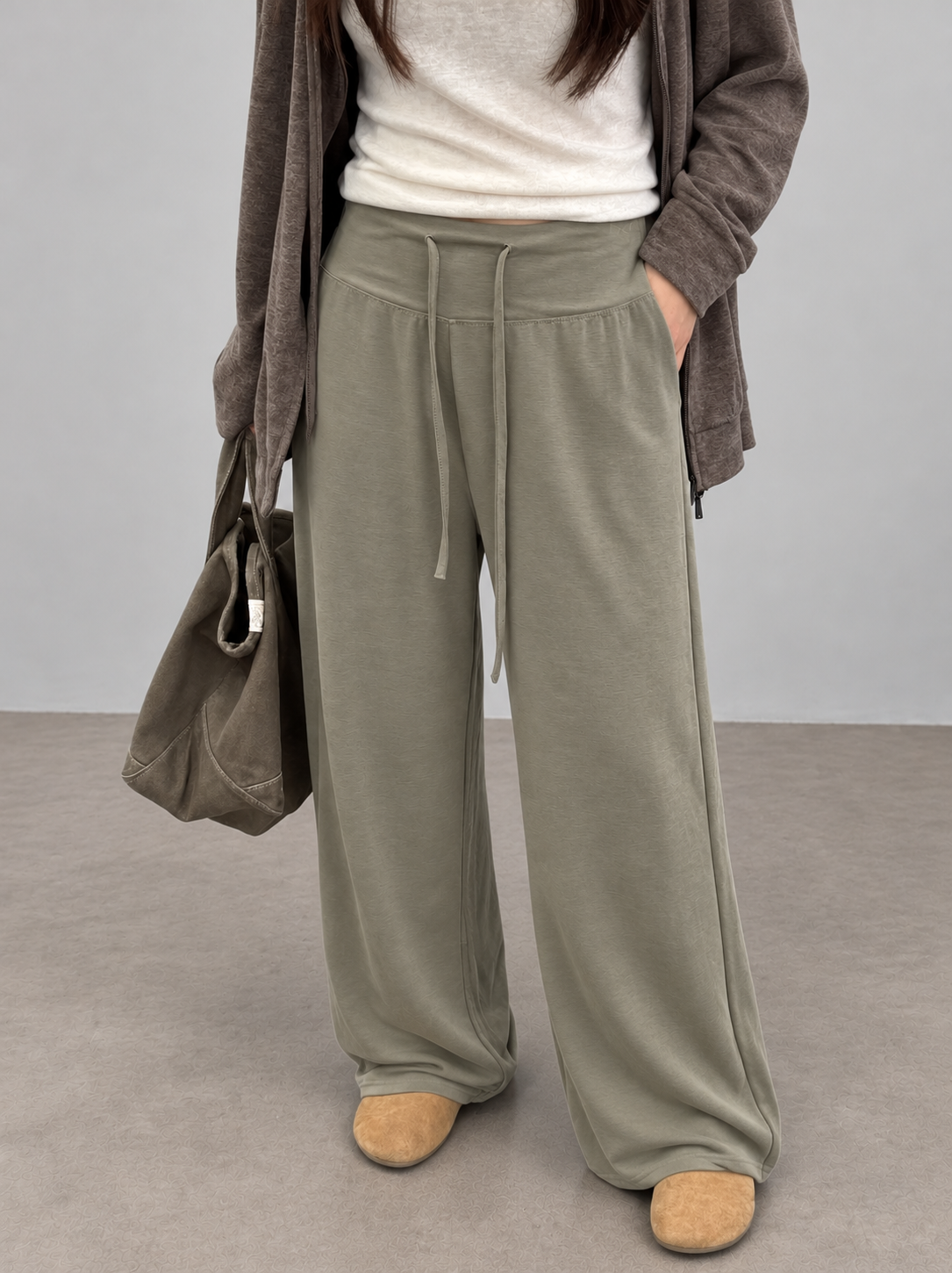 Soft, fluid wide-leg trousers with a comfortable wide waistband.