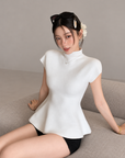 Jennie-inspired French semi-high neck ruffle hem knit top