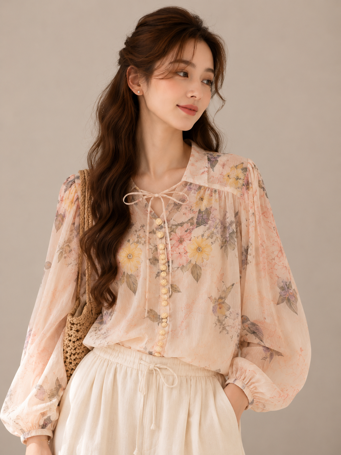 Floral Drawstring Balloon Sleeve Blouse (Includes Bandeau Top)