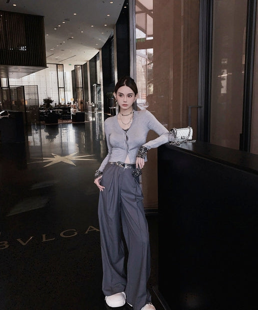 Handcrafted sequin flower tailored pants