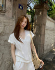 Lace Patchwork V-Neck Short Sleeve Tee