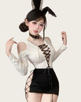 Deep V-Neck Tie-Front Bodycon Sexy Secretary Set with Stockings
