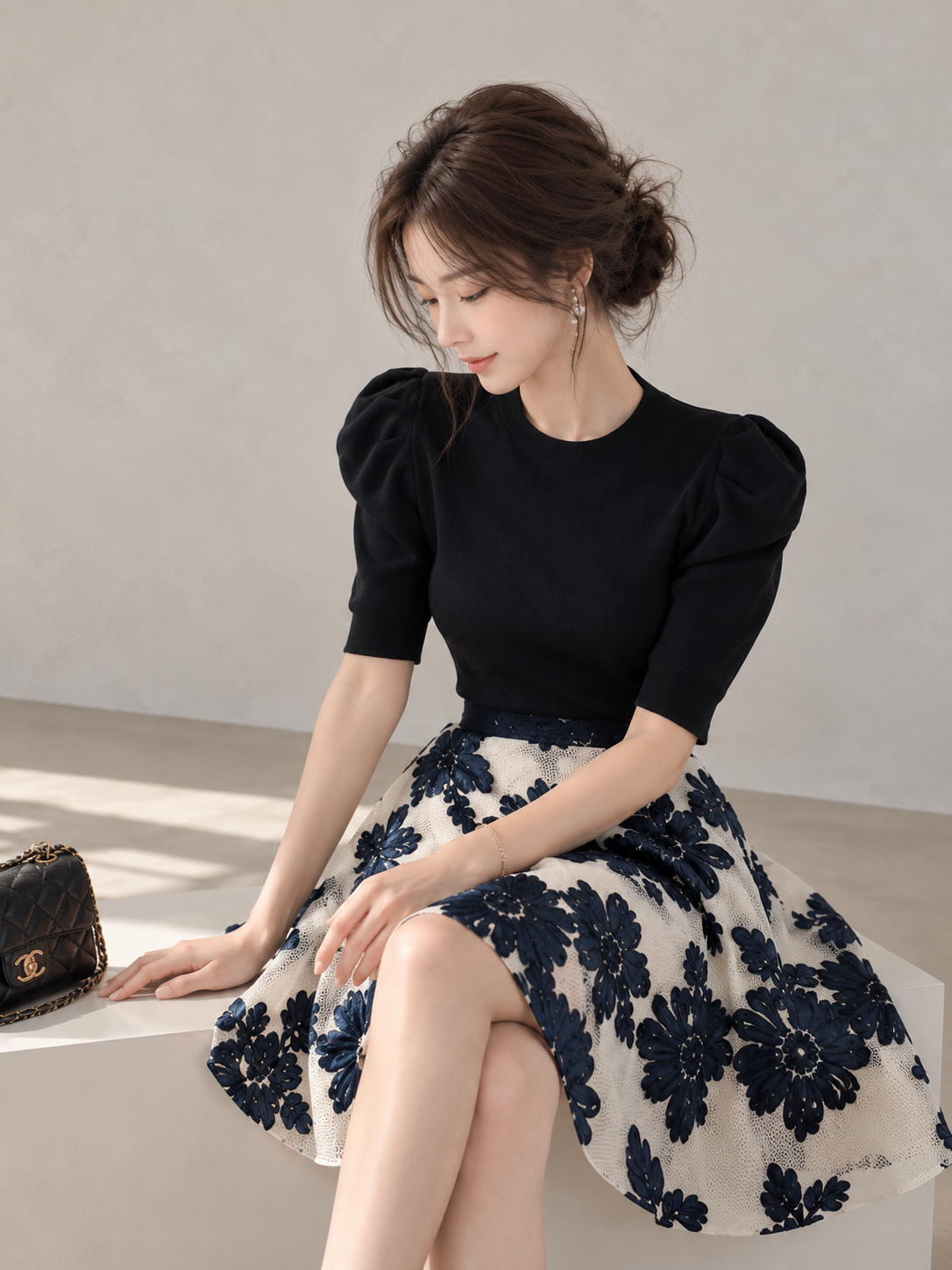 Korean-Style Vintage Blue &amp;amp; White Embroidered Skirt and Knit Top Set
