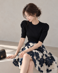 Korean-Style Vintage Blue &amp; White Embroidered Skirt and Knit Top Set
