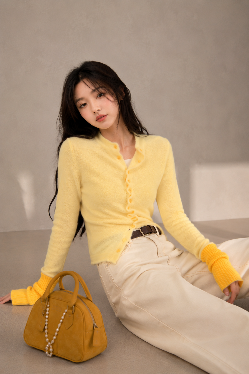 Contrast Wave-Edge Knit Cardigan