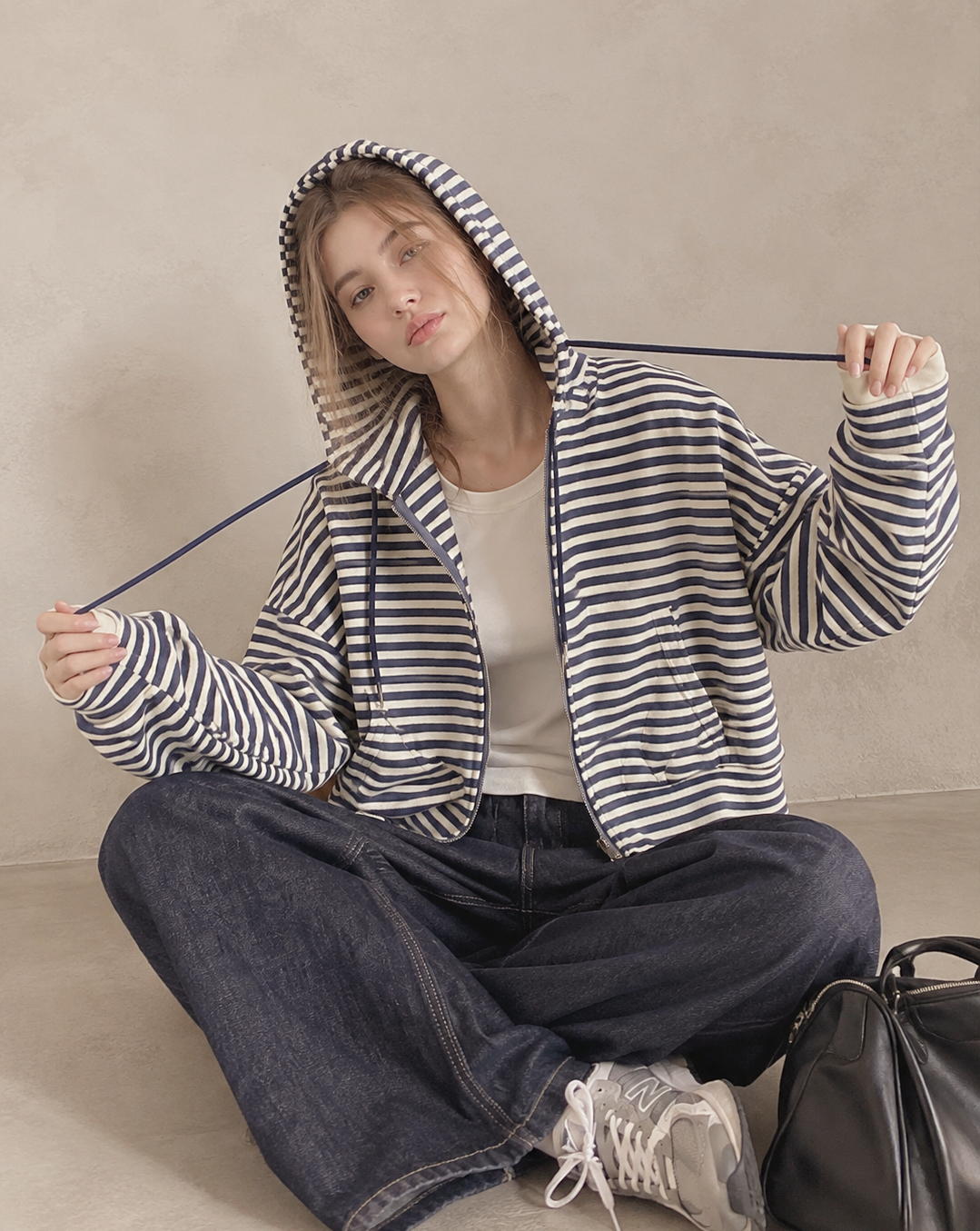 Korean-Inspired Blue Striped Hooded Zip-Up