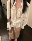 White Moonlight Ribbon Chiffon V-Neck Blouse