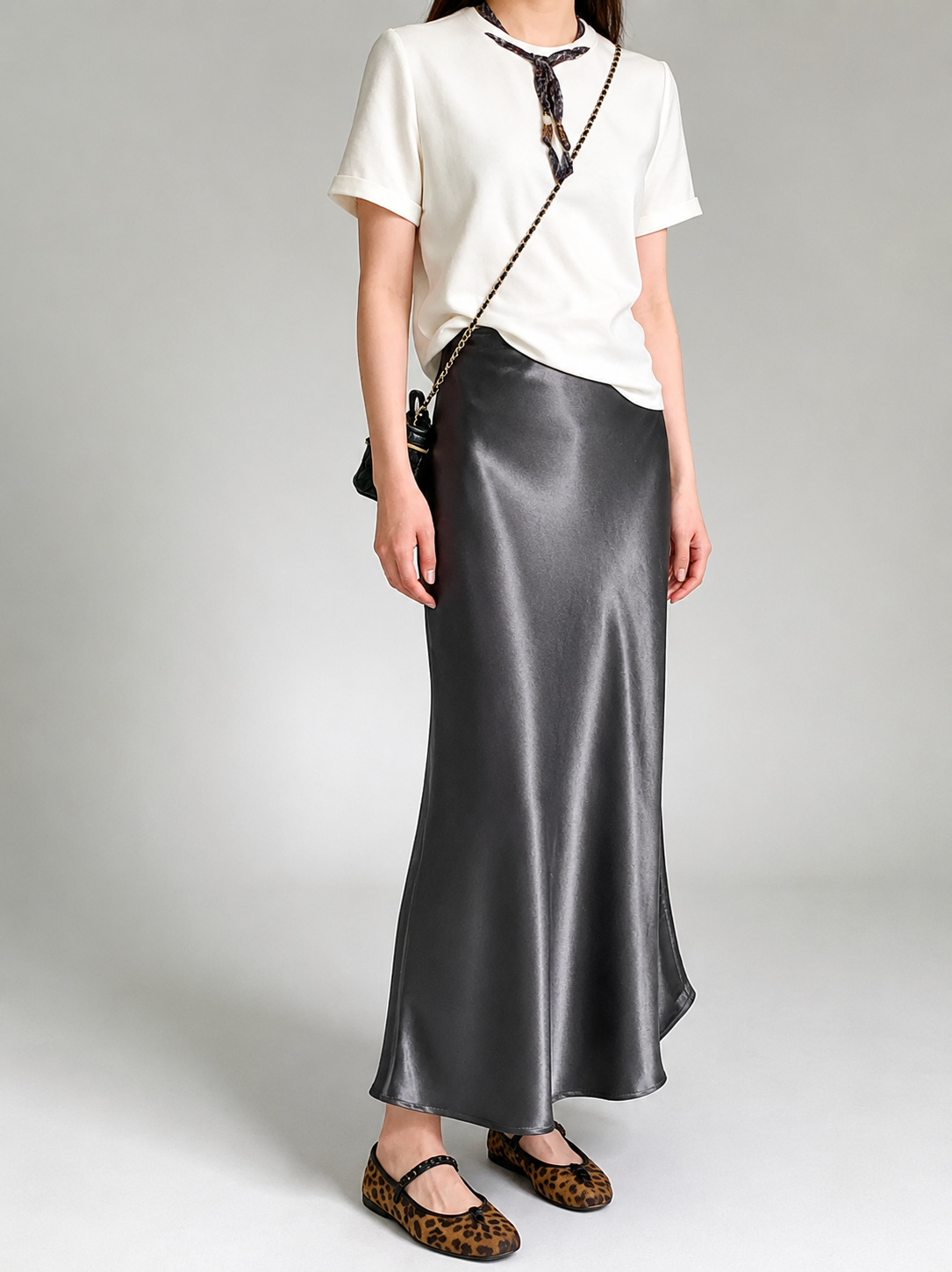 Glazed acetate satin midi skirt（charcoal grey）