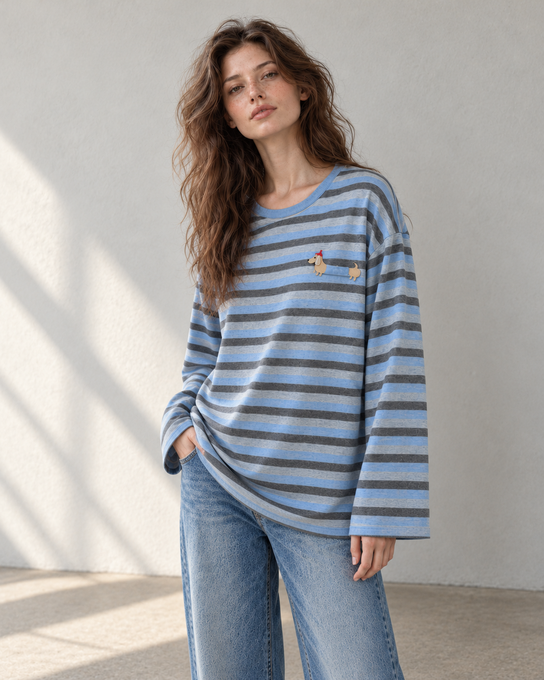 Korean-Style 3D Dachshund Striped Tee
