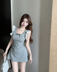 Purely Innocent Style Girl-Feel Short Flutter Sleeve Waist-Tied Dress