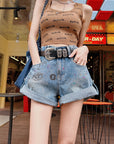 Graffiti Cuffed Denim Shorts (Belt Not Included)