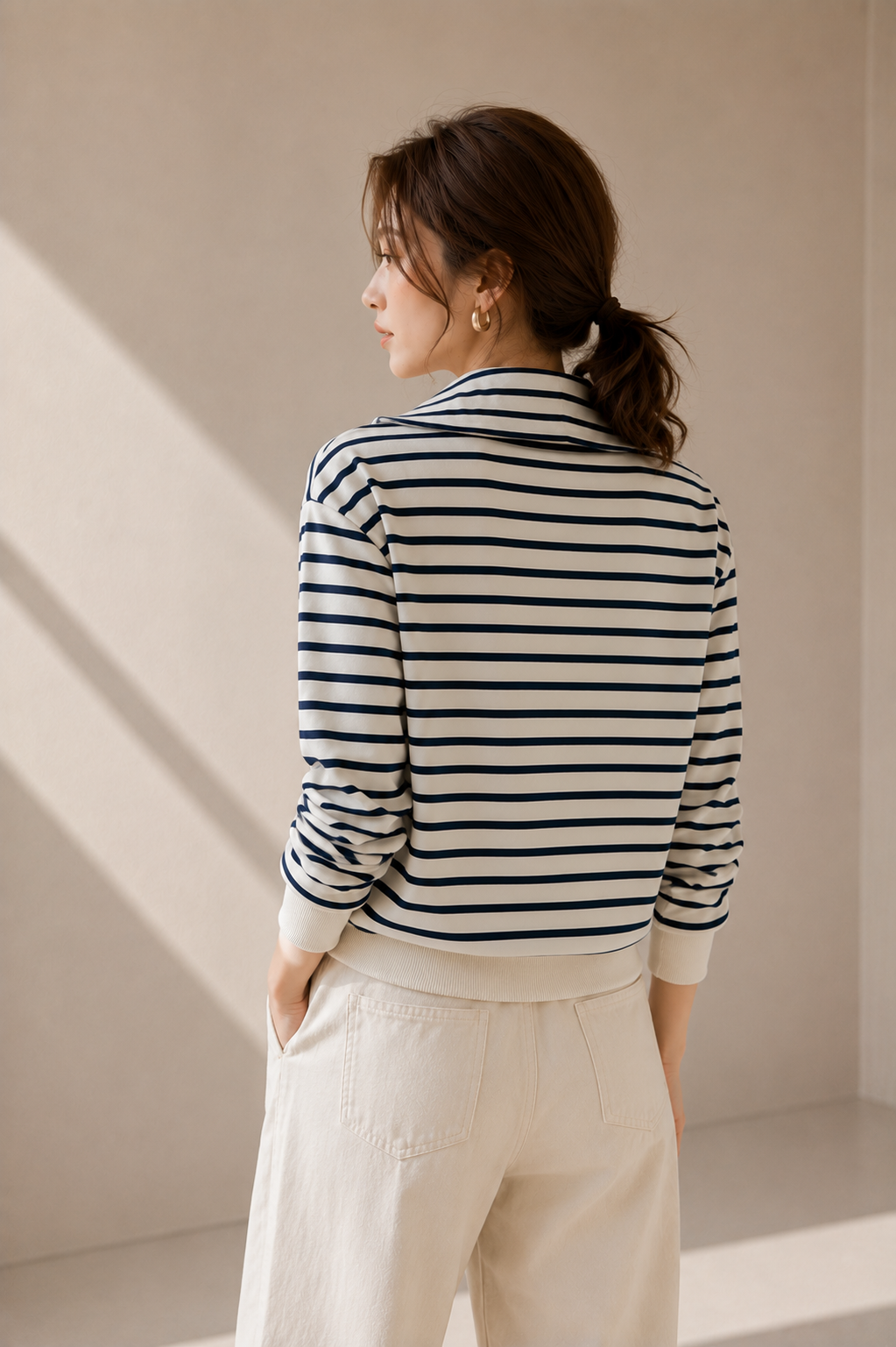 Cotton Korean-Style Striped Polo Top