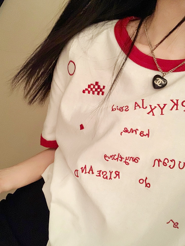 American-style color-block letter embroidered cotton tee