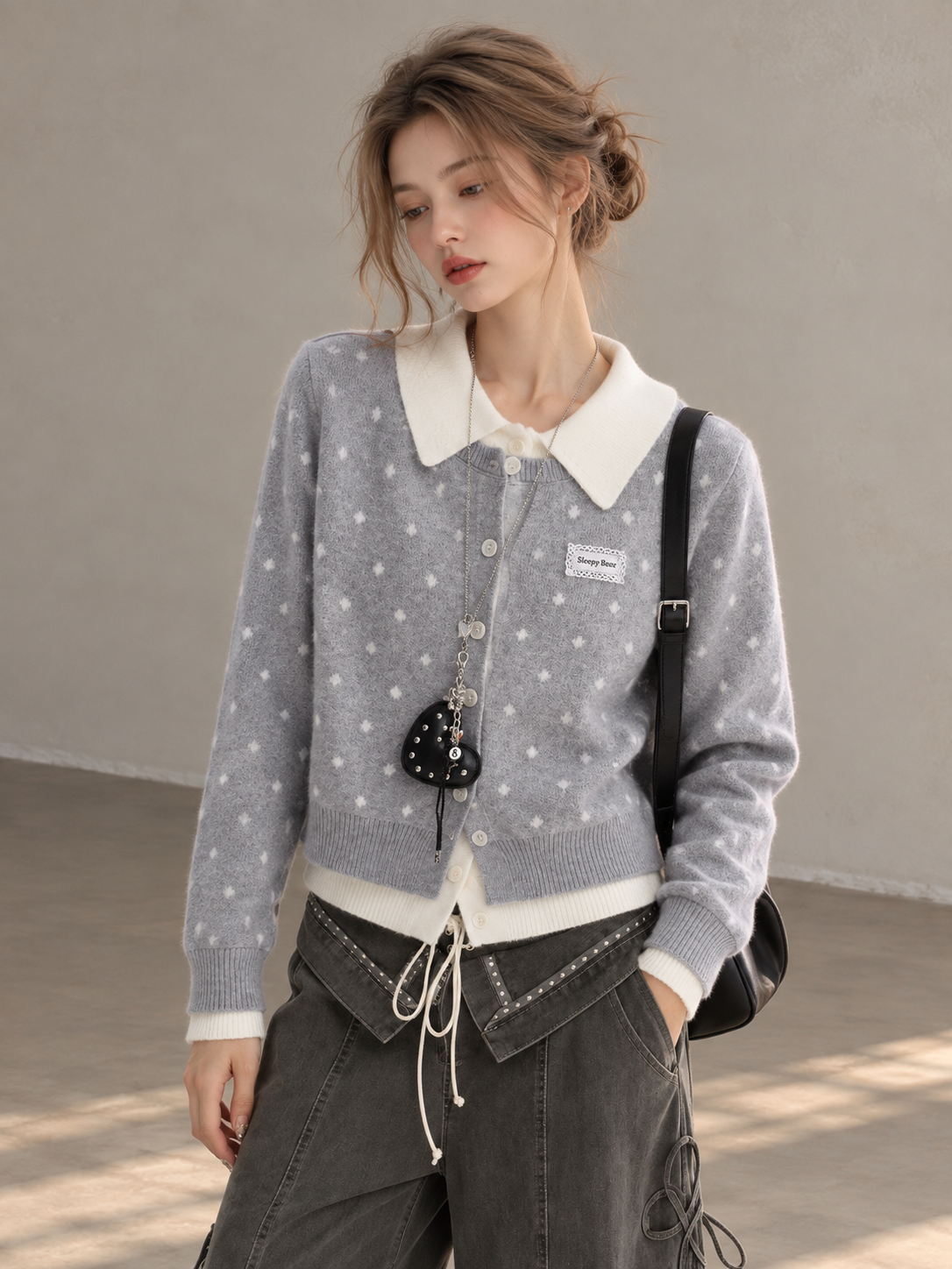 Korean-Style Layered Grey Knit Cardigan