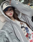 Ruffled Trim Hooded Zip-Up Sweatshirt