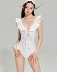 White Embroidered Deep V One-Piece Swimsuit