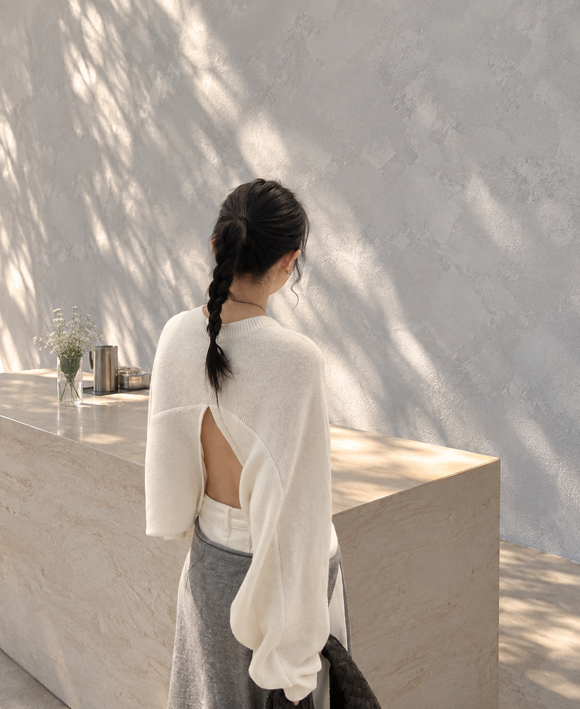 Back-Slit Relaxed Patchwork Batwing Sleeve Knit Top