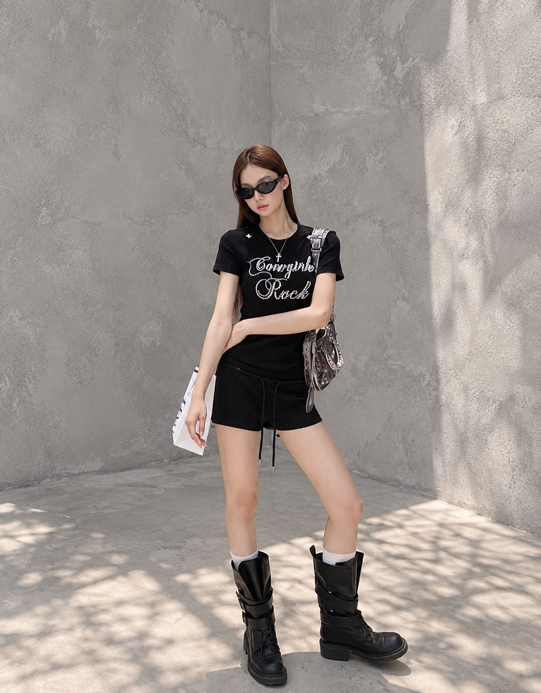Black Structured Shoulder Beaded Cotton Tee