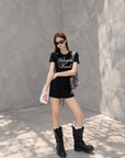Black Structured Shoulder Beaded Cotton Tee