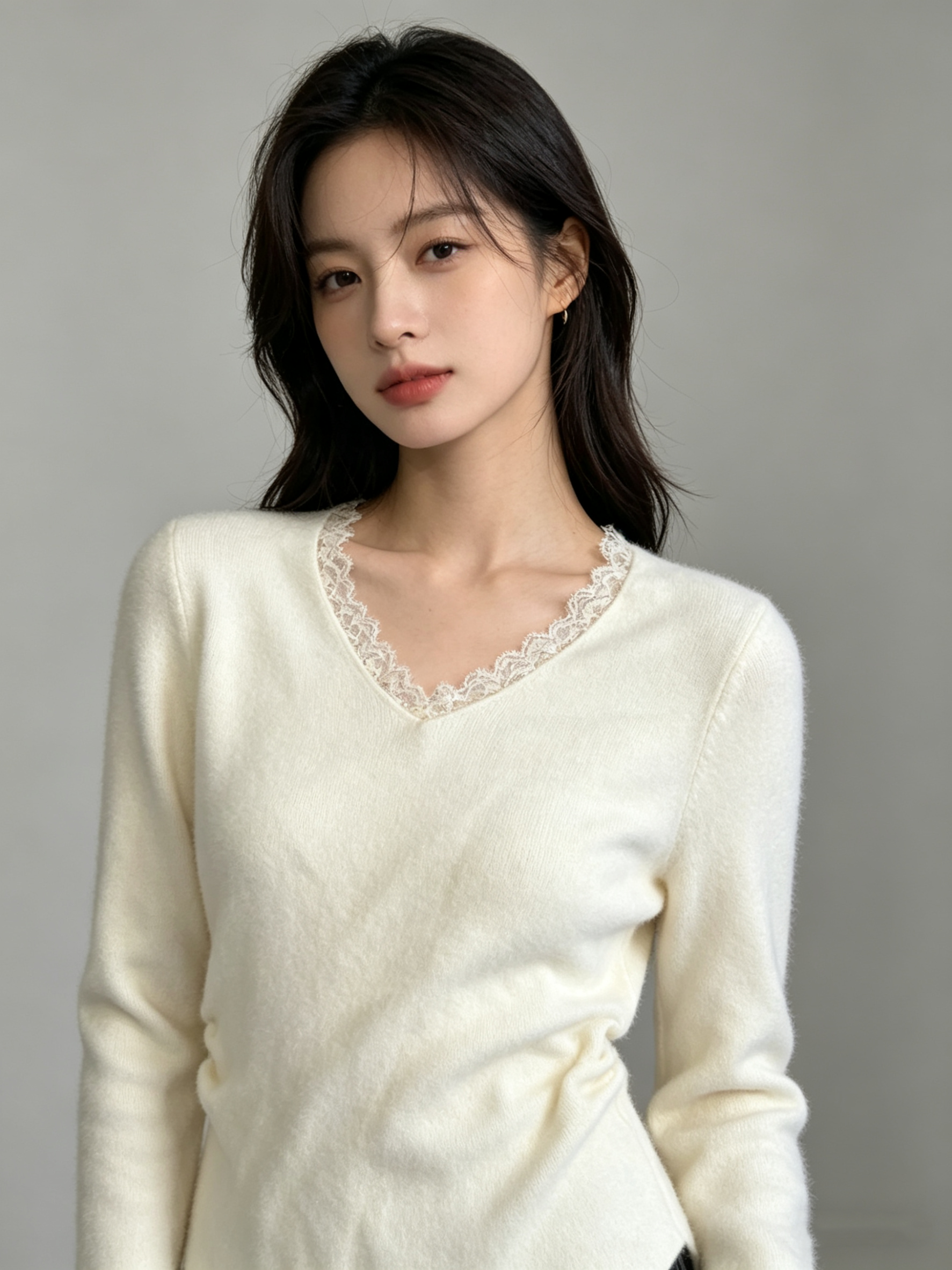 Korean-Style Lace V-Neck Knit Top (Copy)