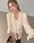White Moonlight Ribbon Chiffon V-Neck Blouse