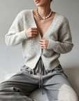 French-Style Sequin V-Neck Gray Knit Cardigan