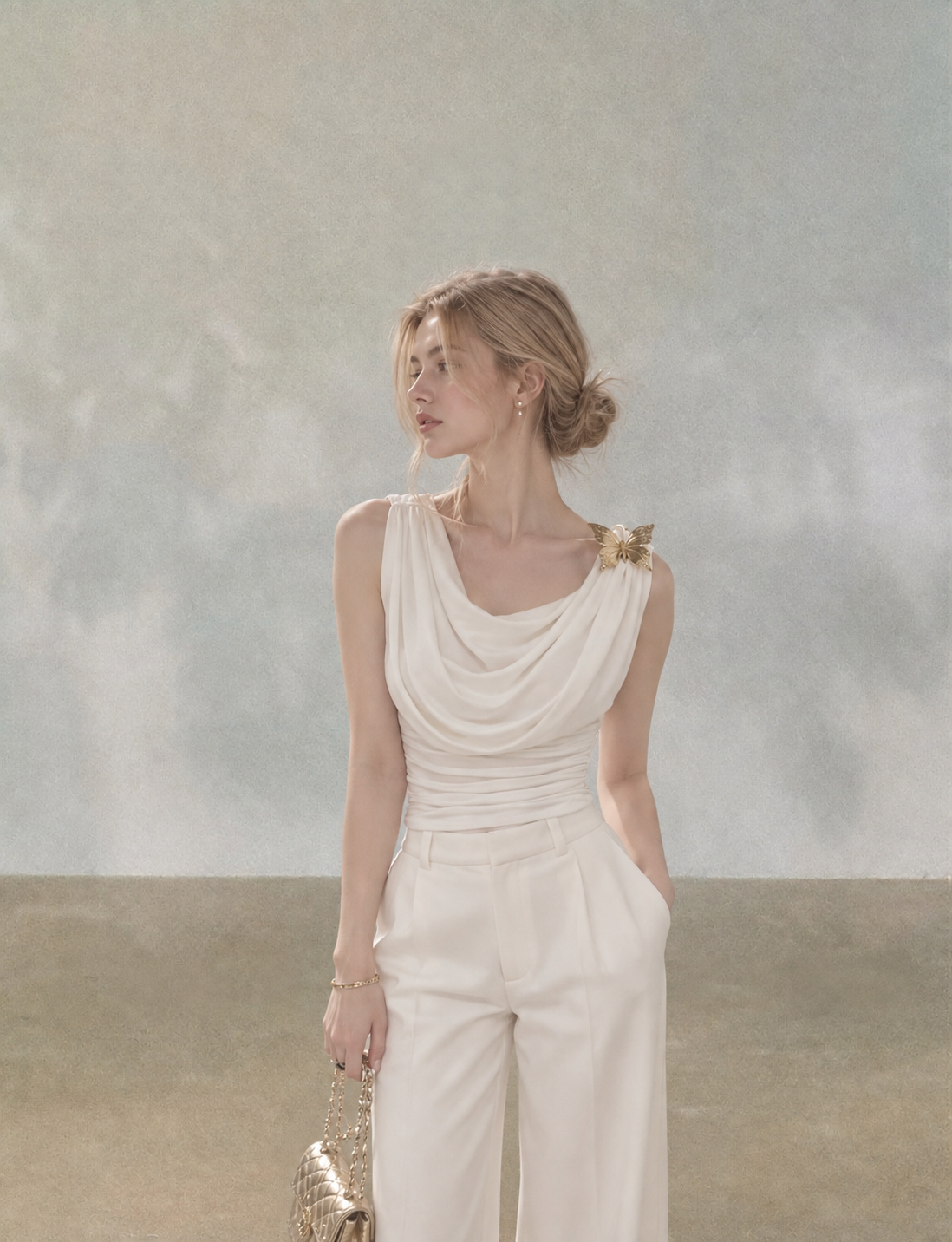 Asymmetrical Draped Neckline Top with Bow Brooch
