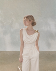 Asymmetrical Draped Neckline Top with Bow Brooch