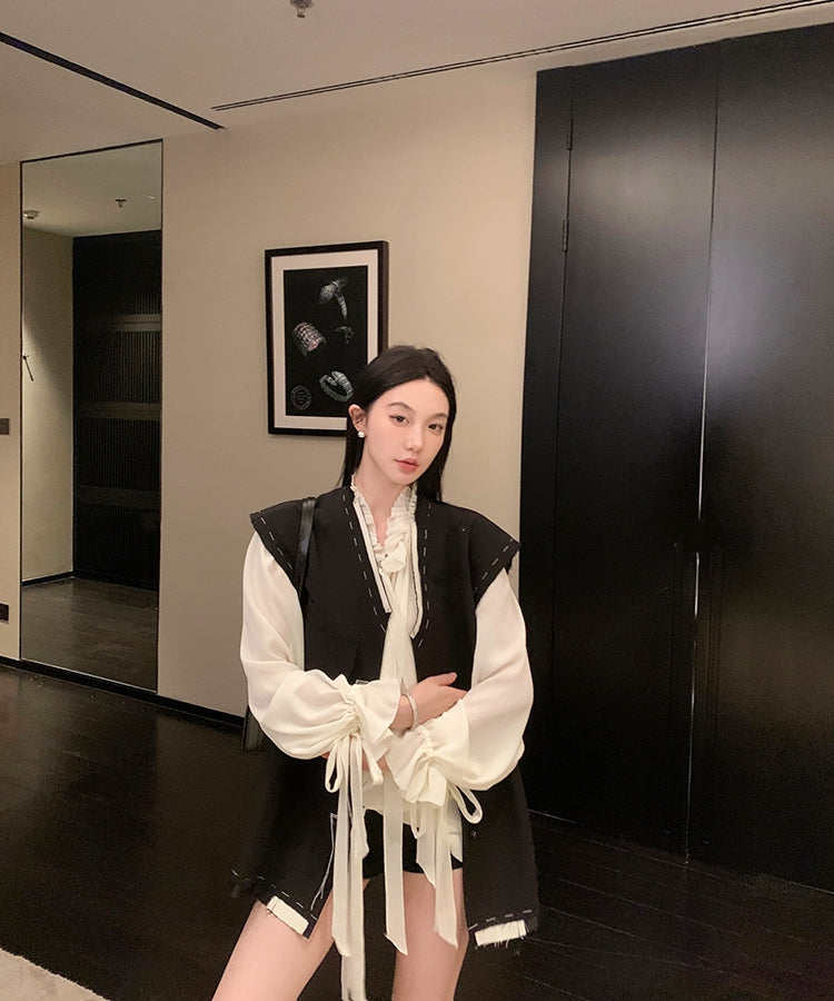 White Moonlight Ribbon Chiffon V-Neck Blouse