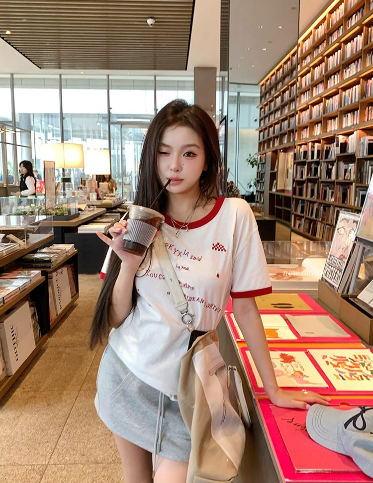 American-style color-block letter embroidered cotton tee